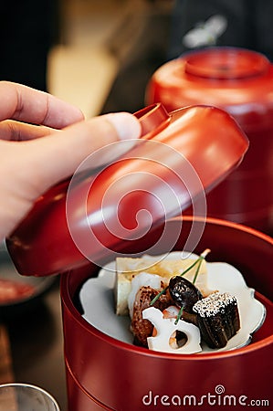 Japanese steamed fish, Lotus root vegetable, Kaiseki cuisine app Stock Photo