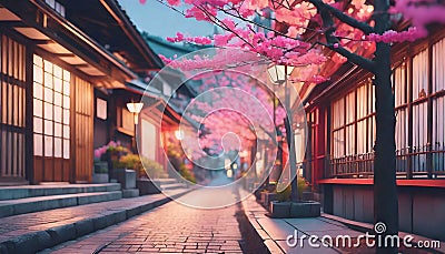 Japanese street with cherry blossoms Stock Photo