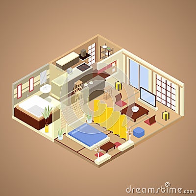 Japanese Style Apartment Interior Design with Kitchen, Bedroom and Bathroom. Isometric flat illustration Vector Illustration