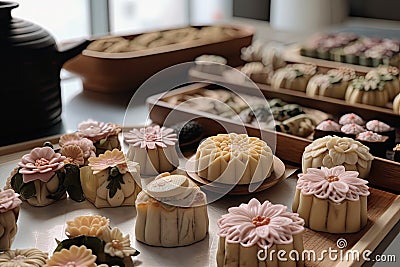 japanese-style baking workshop with delicate pastries and intricate decorations Stock Photo