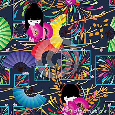 Japanese style firework in window seamless pattern Vector Illustration