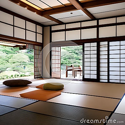 1 A Japanese-style house with traditional sliding doors and a minimalist design2, Generative AI Stock Photo