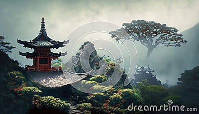 Japanese-style shrine on top of misty overgrown mountain Stock Photo