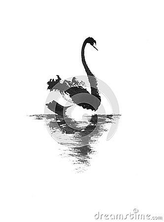 Japanese style sumi-e painting with floating swan. Stock Photo