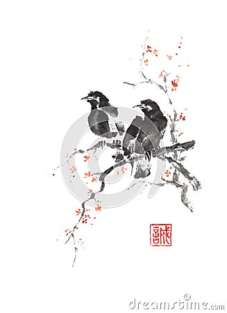 Japanese style sumi-e two crows on blooming tree painting. Stock Photo