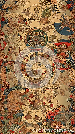 A Japanese style wallpaper about relief, superstition, astrology, strengthening luck and destiny. Stock Photo