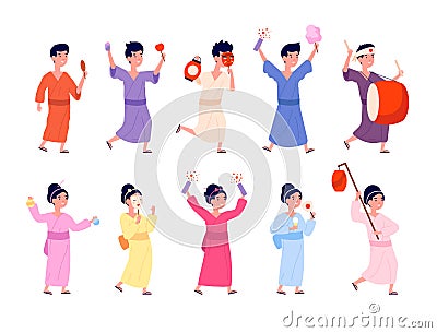 Japanese summer festival. Kid in yukata, smile asian children with celebration elements. Cartoon girl hold sweets, kids Vector Illustration