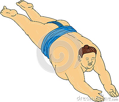 Japanese Sumo Wrestler Diving Drawing Vector Illustration