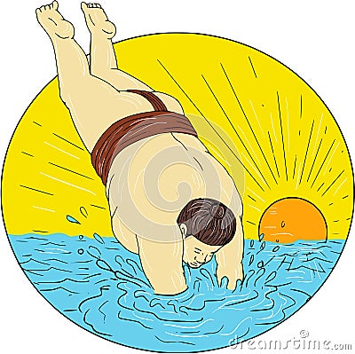 Japanese Sumo Wrestler Diving Sea Sunset Circle Drawing Vector Illustration