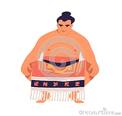 Japanese sumo wrestler in low squat stance. Japan sport. Asian fighter with hair bun wearing loincloth. Colored flat Cartoon Illustration