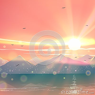 Japanese sunset landscape with beautiful mountains and blue lake or sea water with sunlight, water reflections, waves, birds art Vector Illustration