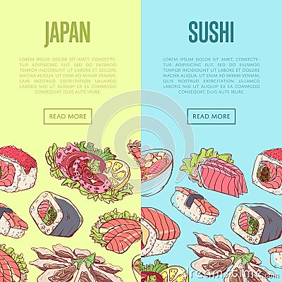 Japanese sushi advertising with asian dishes Vector Illustration