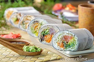 Japanese sushi burrito roll served with wasabi Stock Photo