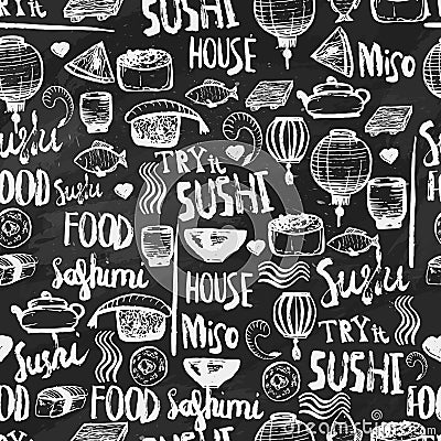 Japanese sushi food seamless background. Hand drawn illustration on dark chalk background. Can be used for menu Vector Illustration