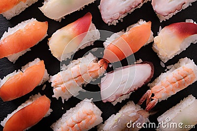 Japanese sushi platter various different assorted top view Stock Photo