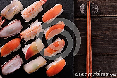 Japanese sushi platter various different with chopsticks top view Stock Photo