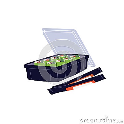 Japanese sushi rolls box, takeaway container. Asian delivery food with chopsticks. Delivered Japan vegetarian green maki Vector Illustration