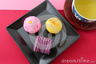 Japanese sweets and green tea Stock Photo