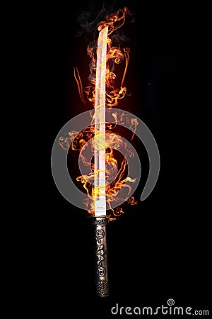 Japanese sword in flames Stock Photo