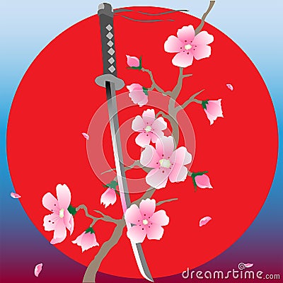 Japanese sword katana or tachi and blooming sakura, against the background of the rising sun, logo, icon in Asian style. Vector il Vector Illustration