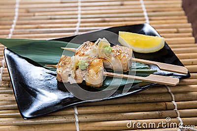 Japanese swordfish Kushiyaki, Skewered and Grilled Meat Stock Photo