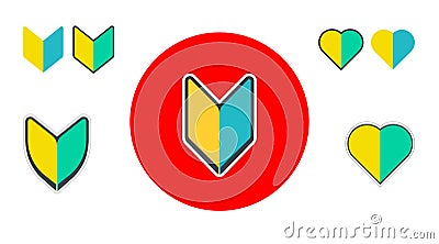 Japanese symbol for beginner new drivers. A yellow blue and green shield symbol, heart shape, called a Shoshinsha Wakaba mark Vector Illustration