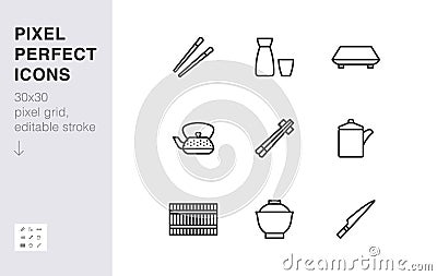 Japanese tableware line icon set. Chopsticks, sushi plate, sake, soup bowl, roll mat, soy sauce minimal vector Vector Illustration