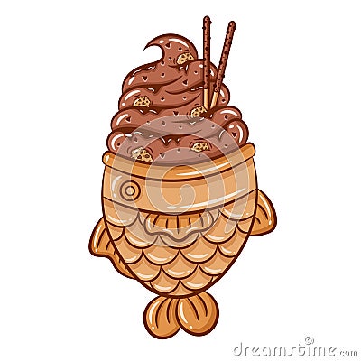 Japanese Taiyaki with chocolate ice cream and chocolate sticks cute drawing Vector Illustration