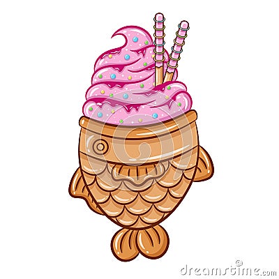 Japanese Taiyaki with pink ice cream and chocolate sticks cute drawing Vector Illustration