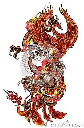 The Dragon and Phoenix fire bird with Peach juice and peony flower,cherry blossom,peach blossom on cloud background. Vector Illustration