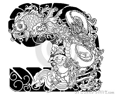 Japanese Tattoo design full back body.The Dragon and Phoenix fire bird with Peach juice and peony flower,cherry blossom,peach blos Vector Illustration