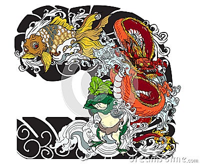 Japanese Tattoo design full back body.The Dragon and Phoenix fire bird with Peach juice and peony flower,cherry blossom,peach blos Vector Illustration