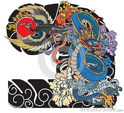 Japanese Tattoo design full back body.The Dragon and Phoenix fire bird with Peach juice and peony flower,cherry blossom,peach blos Vector Illustration