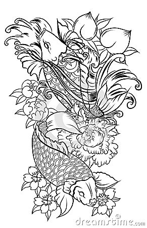 Japanese tattoo design full back body.Two koi carp fish with water splash and peony flower,cherry blossom and Vector Illustration