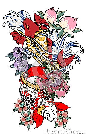 Japanese tattoo design full back body.Two koi carp fish with water splash and peony flower,cherry blossom and Vector Illustration