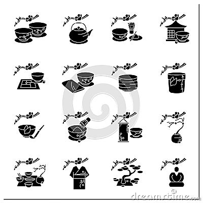 Japanese tea ceremony glyph icons set Vector Illustration