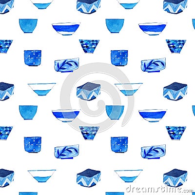 Japanese tea cups pattern for decoration. Blue color on white background. Bright cute wallpaper with Japan traditional theme. Love Stock Photo