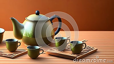 Japanese teapot with hot tea and cups. Stock Photo