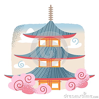 Japanese temple with pagoda roof, culture symbol from Japan, cute Asian landscape Vector Illustration