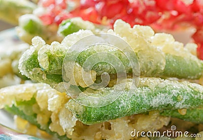 Japanese tempura with fresh vegetables fried , yardlong bean. Stock Photo