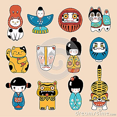 Japanese toys. Asian cultural authentic souvenirs and toys for kids daruma maneki cat kokeshi dolls origami and masks Vector Illustration