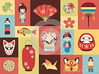 Japanese toys. Asian cultural elements. Mini banners with national items. Lucky symbols. Kokeshi dolls. Maneki cats and Vector Illustration