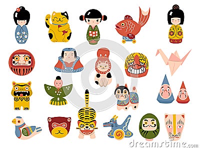 Japanese toys. Masks daruma kokeshi dolls maneki cat origami souvenirs recent vector illustrations Vector Illustration