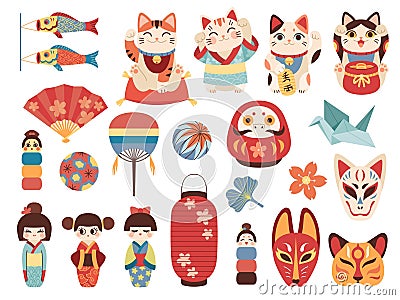 Japanese toys. National cultural lucky items, asian fortune symbols, daruma, maneki cat and kokeshi dolls, traditional masks and Vector Illustration