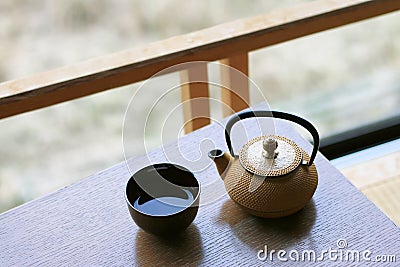 Japanese traditional tea, Relaxing time with favorite drink, Cup of hot green tea. Stock Photo