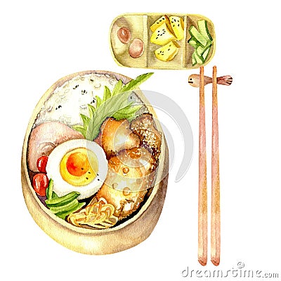 Japanese traditional watercolor luch set : bento with chicken ,rice and egg, plate with cucumber , eggs and tofu Cartoon Illustration