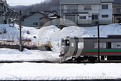 Japanese Train Station Covered in Snow Stock Photo