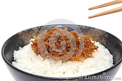 Japanese tsukudani of chirimen jako on rice Stock Photo