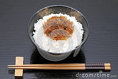 Japanese tsukudani of chirimen jako on rice Stock Photo