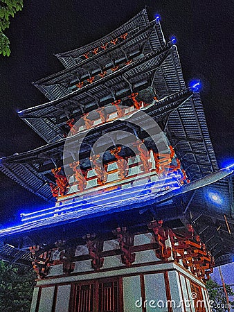 Japanese type of building with purple lights Stock Photo